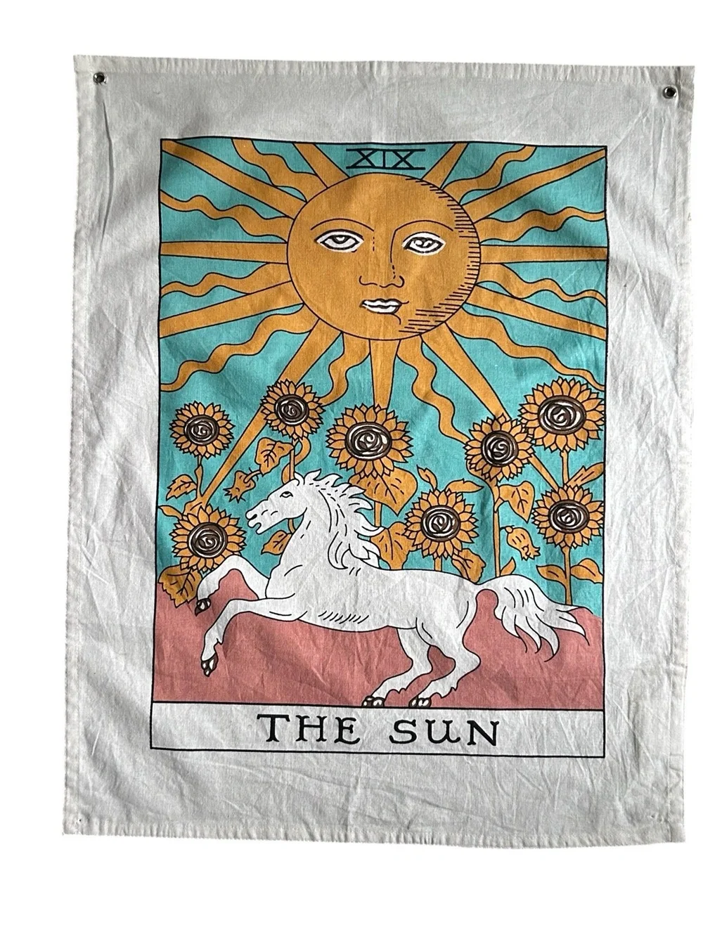 The Sun Tarot Wall Tapestry in Teal, Gold, White